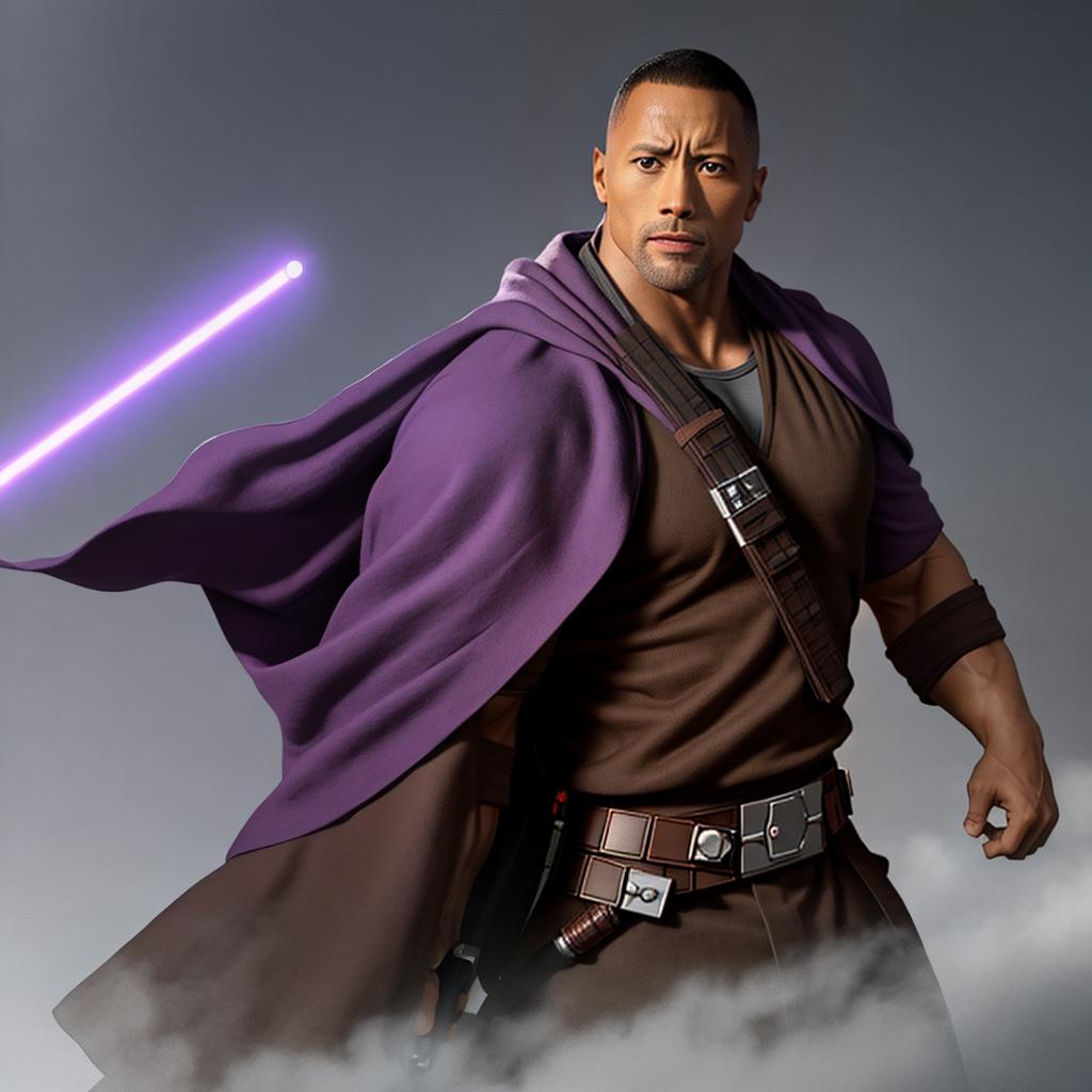  with a minimalistic approach, dwayne johnson holding a purple lightsaber wearing brown jedi robes, concept art, ultra realistic