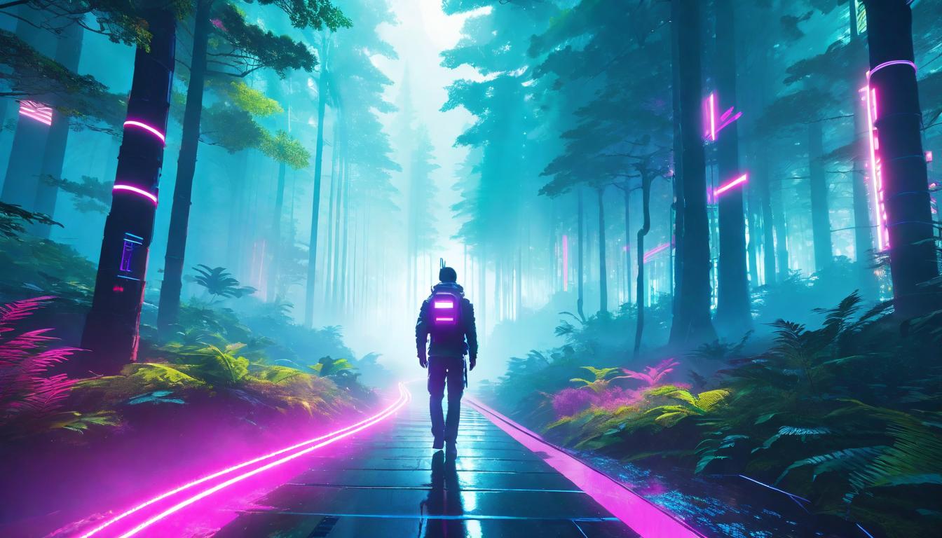  vaporwave,cyberpunk game style A path winding through a misty forest, sunbeams filtering through the trees, a solitary walker in sync with nature's rhythm. Mood: meditative, harmonious. Style: ethereal, soft focus.eon, dystopian, futuristic, digital, vibrant, detailed, high contrast, reminiscent of cyberpunk genre video games,retro aesthetic, cyberpunk, vibrant, neon colors, vintage 80s and 90s style, highly detailed