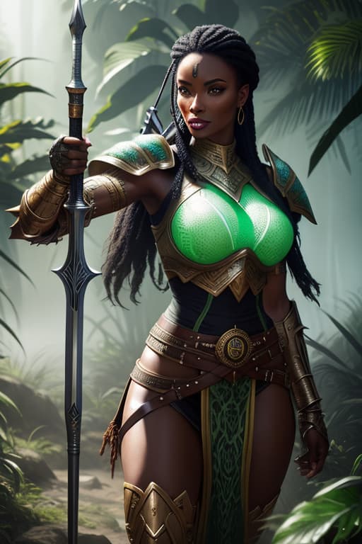  a cinematic shot of an african woman warrior and holding a green glowing spear and a shield, fantasy jungle in background, reflective light, hkstyle, HD, masterpiece, best quality, hyper detailed, ultra detailed, super realistic hyperrealistic, full body, detailed clothing, highly detailed, cinematic lighting, stunningly beautiful, intricate, sharp focus, f/1. 8, 85mm, (centered image composition), (professionally color graded), ((bright soft diffused light)), volumetric fog, trending on instagram, trending on tumblr, HDR 4K, 8K