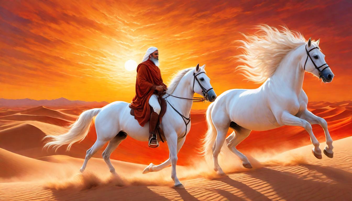  digital painting of The Prophet (male), mounted on a magnificent white horse, crossing a vast, textured desert landscape under a fiery sunset, showcasing an ethereal connection between man and steed, desert sands detailed, ripples in the sand suggesting movement and purpose, golden light, elegance in motion, spiritual journey looking at viewer, dynamic pose, (intricate details, masterpiece, best quality)