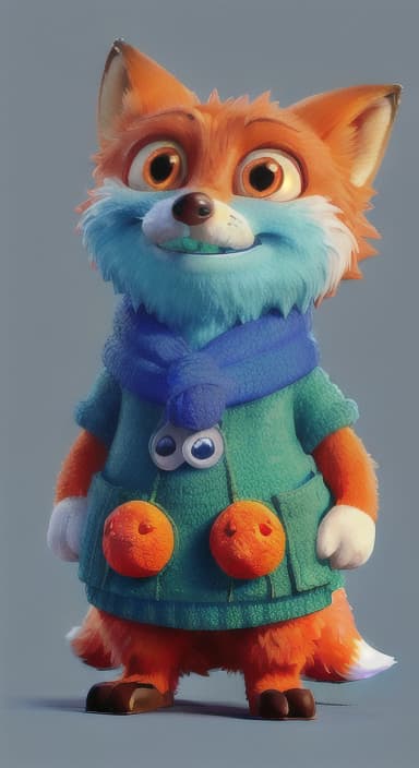  {Error the fox pressing the blue button with his paw, looking puzzled as nothing occurs., Error is a small, bright orange fox with a fluffy tail and big, inquisitive eyes. He has a mischievous yet kind expression and wears a tiny green scarf.