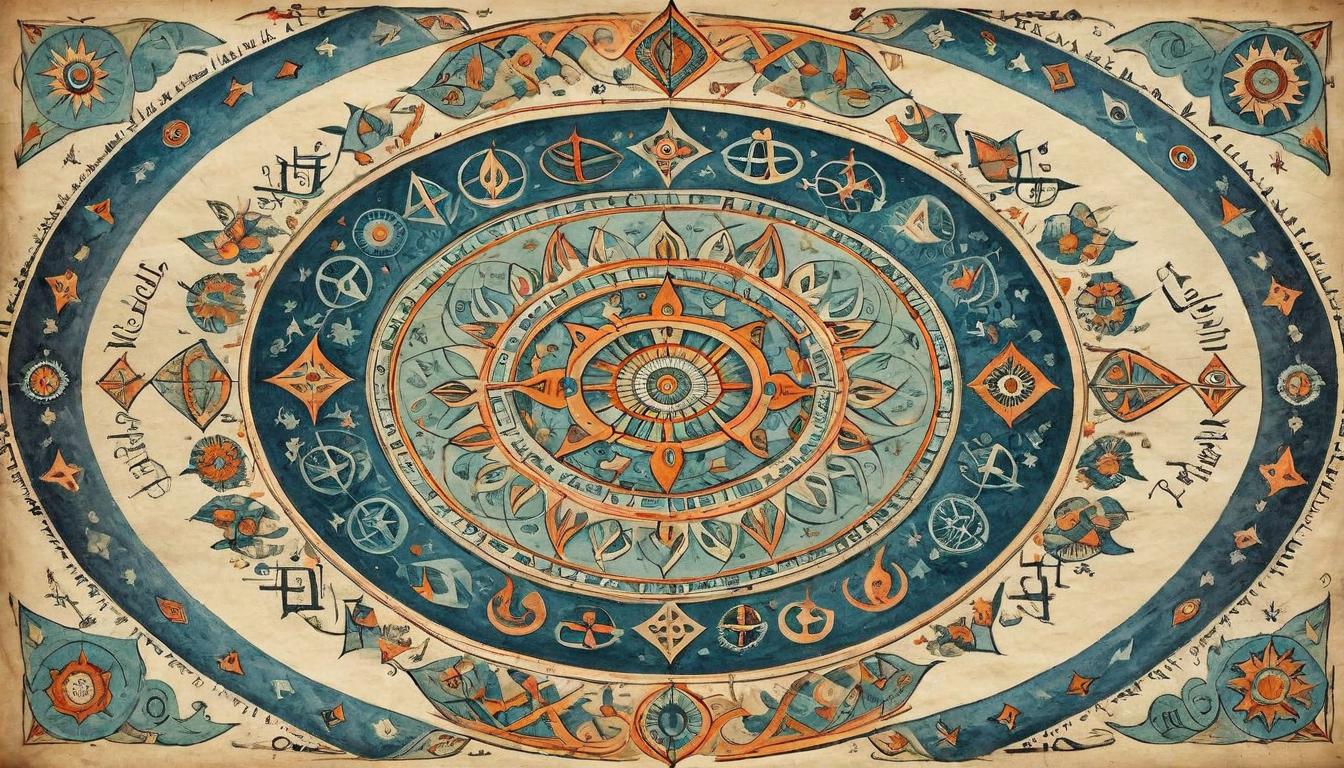  on parchment, surrealism+++, A kaleidoscope pattern formed by intertwining cultural symbols, signifying the merging of traditions. Symbols of intricate design, blend seamlessly, cultural synthesis, dynamic interplay, a visual symphony of connectedness(mysterious, provocative, symbolic,muted color)+++