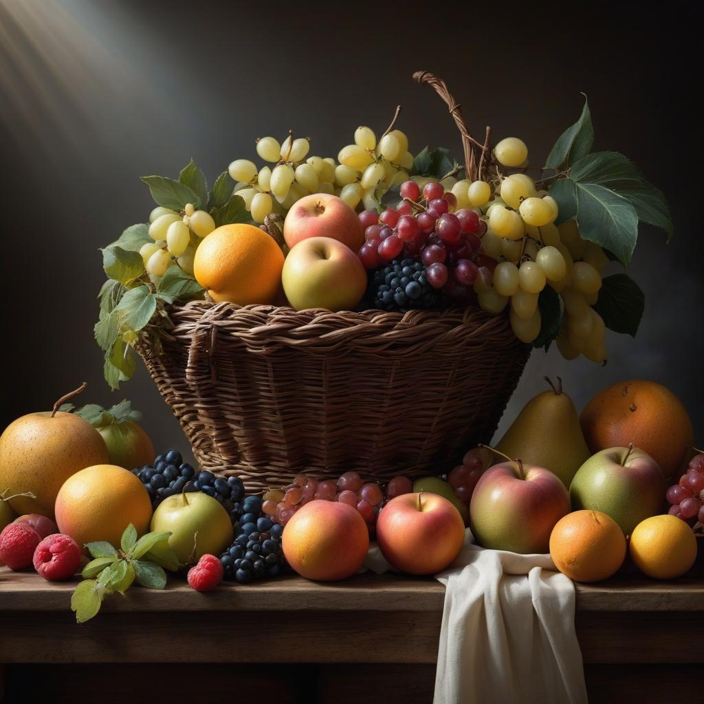  fruit is a still life painted in broad strokes in the Flemish style of the 17th century by the artist Paul Rubens hyperrealistic, full body, detailed clothing, highly detailed, cinematic lighting, stunningly beautiful, intricate, sharp focus, f/1. 8, 85mm, (centered image composition), (professionally color graded), ((bright soft diffused light)), volumetric fog, trending on instagram, trending on tumblr, HDR 4K, 8K