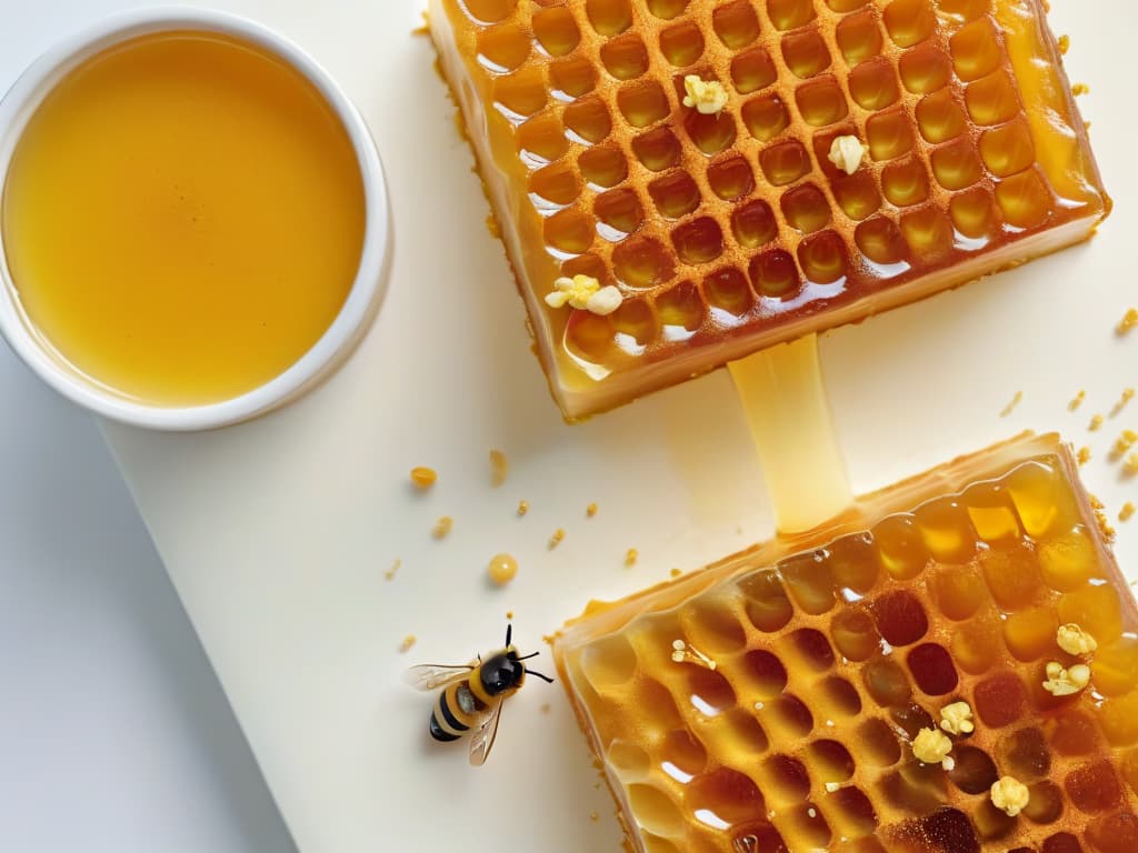  An ultradetailed closeup image of a delicate, glossy honey drizzle cascading over a perfectly golden and crispy honeycomb, with tiny flecks of bee pollen scattered on top, all set against a clean, white backdrop. The honey glistens under a soft, warm light, highlighting the intricate textures and natural sweetness of the ingredients, inviting viewers to savor the essence of bee pollen in a visually stunning and minimalistic composition. hyperrealistic, full body, detailed clothing, highly detailed, cinematic lighting, stunningly beautiful, intricate, sharp focus, f/1. 8, 85mm, (centered image composition), (professionally color graded), ((bright soft diffused light)), volumetric fog, trending on instagram, trending on tumblr, HDR 4K, 8K