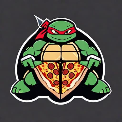 A ninja turtle slicing a piece of pizza in half with a sword. ((for a logo)), minimalistic, vector illustration, (simple), (white background), no background, for a company, strong color contrast