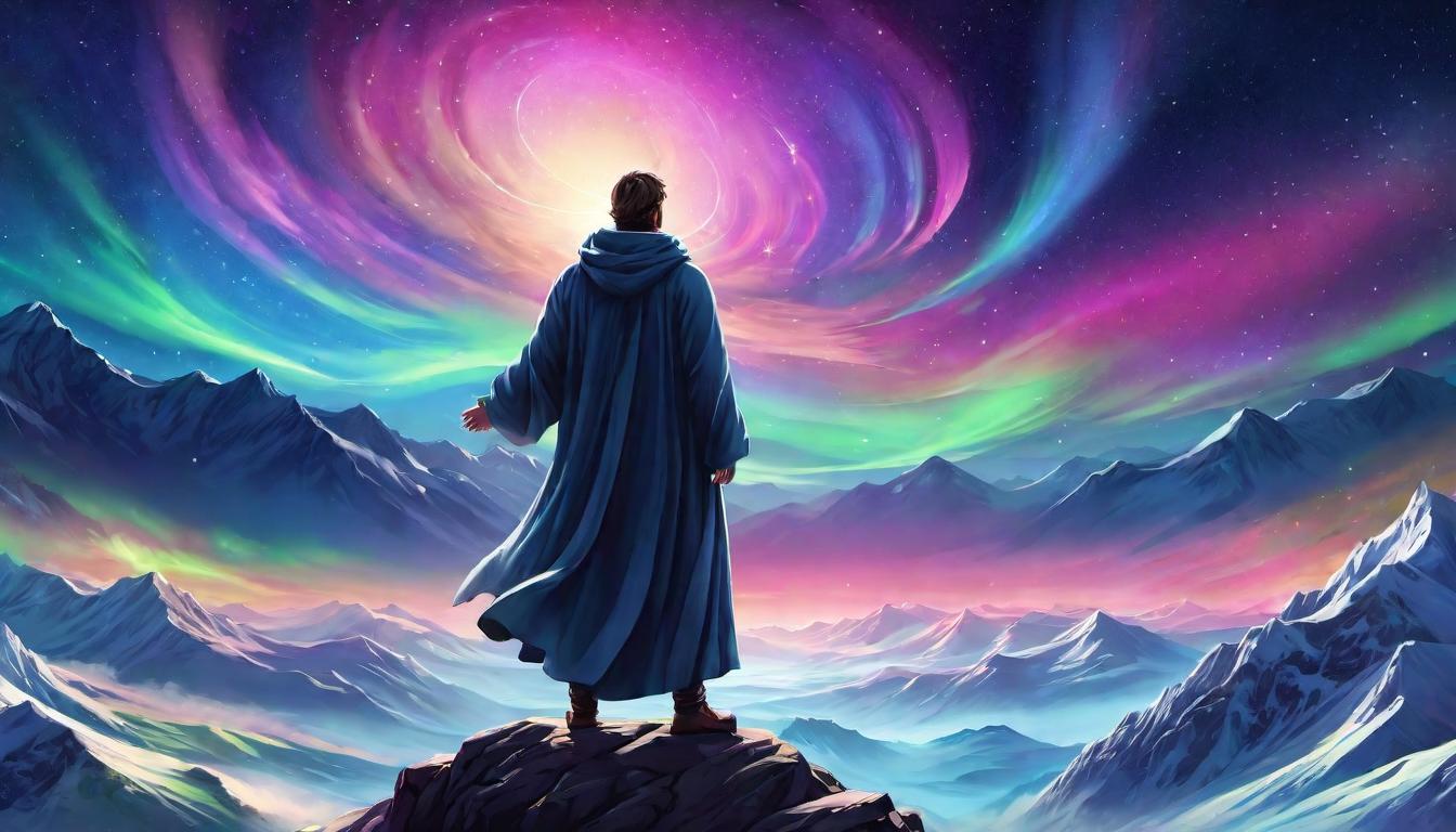  digital illustration, A human figure with flowing robes, standing on a mountain peak, arms raised to the sky, starry night backdrop, aurora borealis swirling above, illuminated connection with cosmos, divine energy, unity, looking at viewer, dynamic pose, (intricate details, masterpiece, best quality)