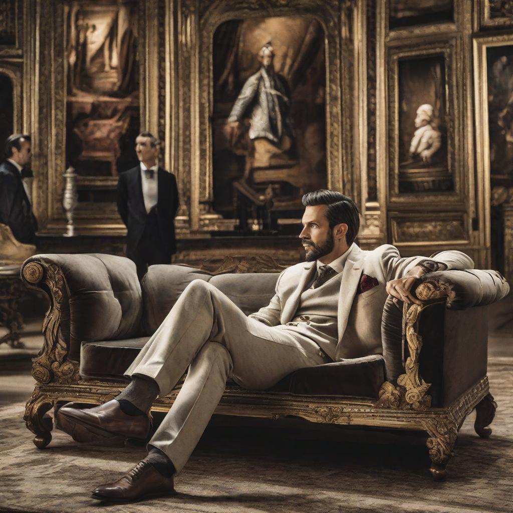  masterpiece, best quality, A close-up shot of a man sitting on a plush velvet couch, his gaze fixated on a high-definition screen. The environment is a dimly lit, opulent room with ornate decor and lavish furniture. The atmosphere is filled with anticipation and desire. The style is a realistic photography capturing the essence of the moment. Soft, warm lighting casts a sensual glow on the man's face, emphasizing his intense focus. Realization: Shot on a high-resolution digital camera with shallow depth of field, capturing every detail of the scene.