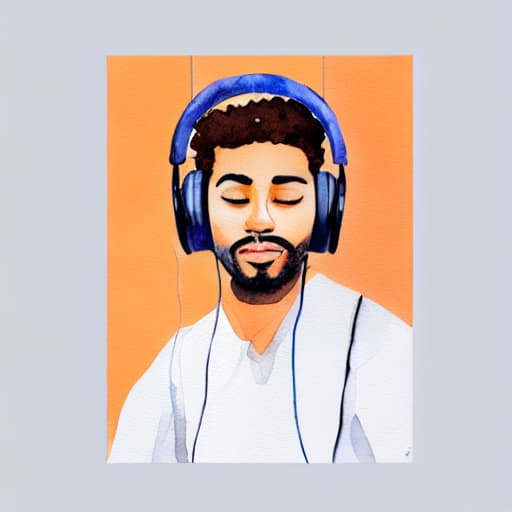  watercolor painting of a man with headphones listen music, best quality, masterpiece