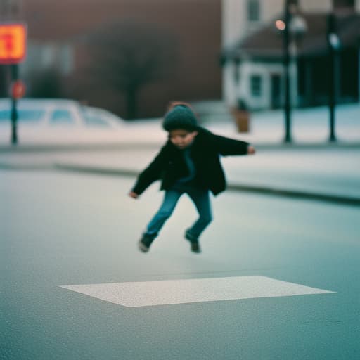 analog style A street scene frozen in time on analog film, with ren playing hopscotch on the sidewalk, the motion blur and film grain giving life and movement to the timeless ness