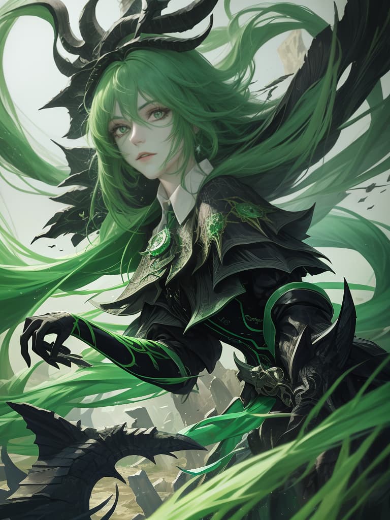  Green hair character dark shadow, masterpiece, best quality,8k,ultra detailed,high resolution,an extremely delicate and beautiful,hyper detail