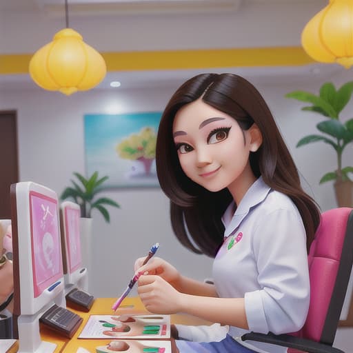  Cute Thai woman painting nail of a customer in a nail salon, good lighting, high details, bright colours, good quality, good hands, good eyes, good fingers