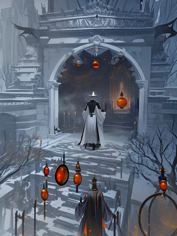  A terrifying tall tower with one entrance. The entrance is a portal, black in color. A man wearing a white robe stands with his back to the portal, his face hidden by a golden mask. He addresses the people in front of him. He holds in his hand a spherical object, orange in color. The tower is located in a bizarre dimension where there are two moons. Комментарии, Overland fantasy woodland map, such as a map, a font that is modern and easy to read hyperrealistic, full body, detailed clothing, highly detailed, cinematic lighting, stunningly beautiful, intricate, sharp focus, f/1. 8, 85mm, (centered image composition), (professionally color graded), ((bright soft diffused light)), volumetric fog, trending on instagram, trending on tumblr, HDR 4K, 8K