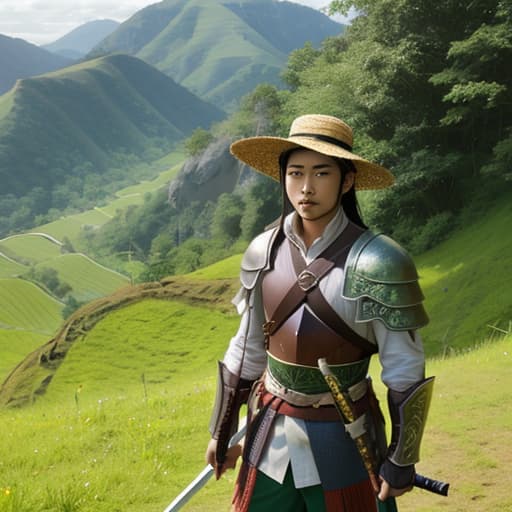  A warrior in dark armour holding a sword in his hands and a straw hat on his head. He is seen in a landscape of green hills.