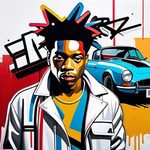  High Quality,painting of Jean Michel Basquiat graffiti style, colorful sports car, powerful lines emphasized, hip hop vibe, dynamic energy, bold aesthetics typical of street art, white background, hyperrealistic, full body, detailed clothing, highly detailed, cinematic lighting, stunningly beautiful, intricate, sharp focus, f/1. 8, 85mm, (centered image composition), (professionally color graded), ((bright soft diffused light)), volumetric fog, trending on instagram, trending on tumblr, HDR 4K, 8K