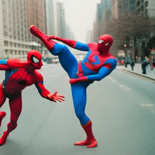 analog style Spiderman and Superman fight