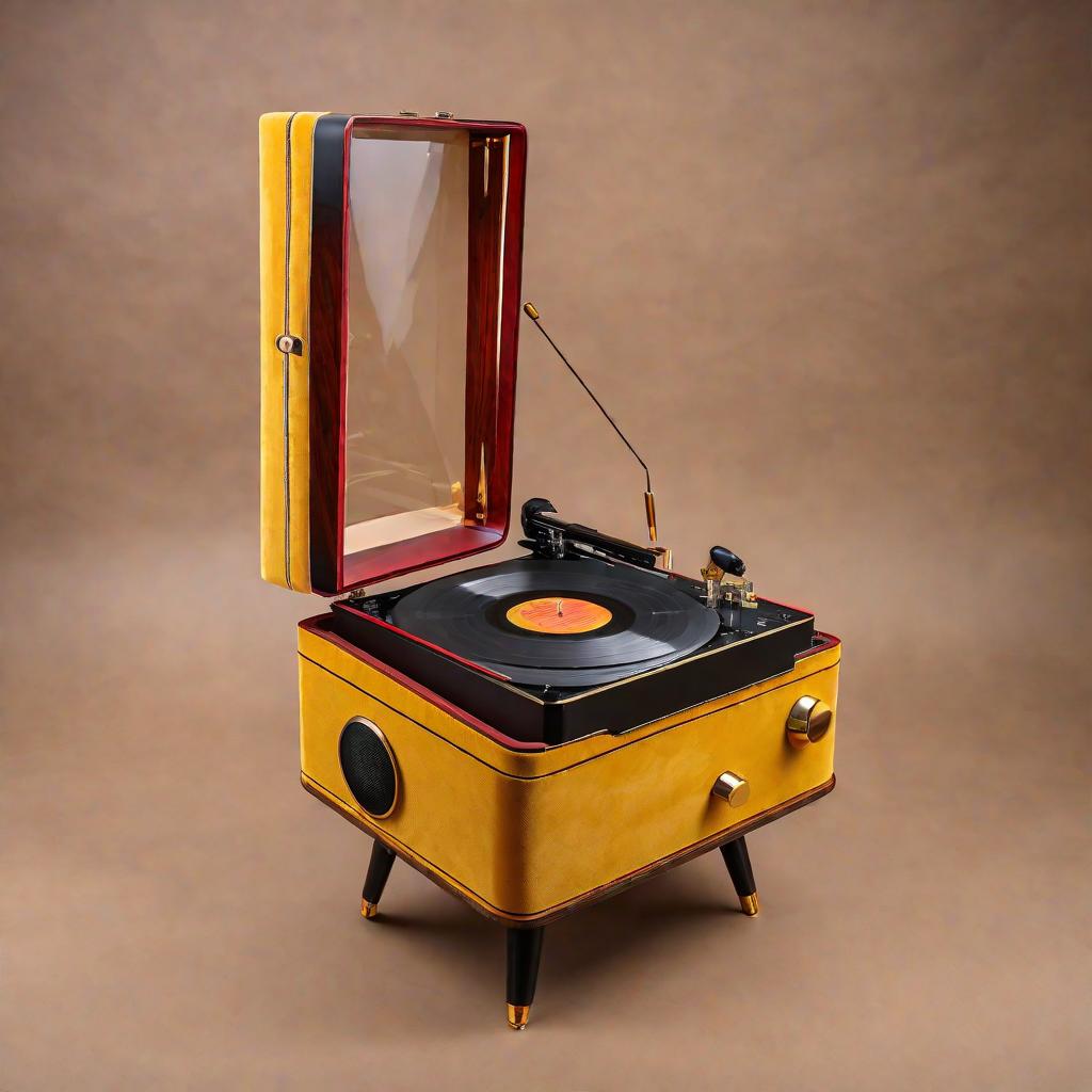  Masterpiece, best quality, draw a vinyl record player, 1 meter high, wooden structure, yellow and red color, the upper part is the player and amplifier, the lower part is slightly the speaker, slightly wrapped in gold velvet.