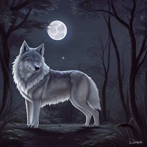  bosque nocturno con luna llena y wolf