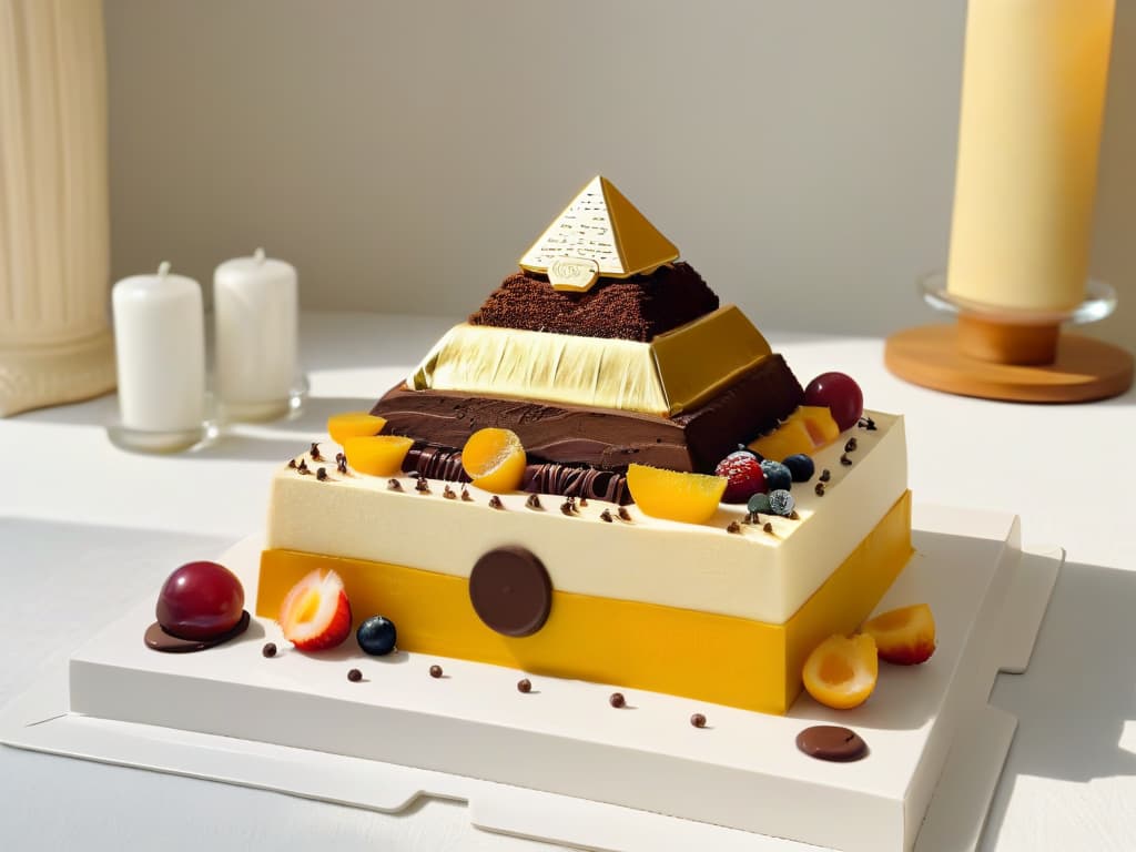  An 8k ultradetailed image of an elegant dessert presentation inspired by ancient Egyptian art. The dessert is intricately decorated with gold hieroglyphics and features a pyramidshaped chocolate centerpiece. Surrounding the dessert are minimalist gold and black accents resembling ancient Egyptian motifs, set against a sleek white backdrop to emphasize the luxurious and stylish interpretation of Egyptian art in modern dessert decoration. hyperrealistic, full body, detailed clothing, highly detailed, cinematic lighting, stunningly beautiful, intricate, sharp focus, f/1. 8, 85mm, (centered image composition), (professionally color graded), ((bright soft diffused light)), volumetric fog, trending on instagram, trending on tumblr, HDR 4K, 8K