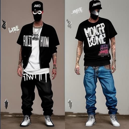  Gangsters customizing clothes and counting money with Text on image says Applied_Customz in tagging style with spray paint but where you can read it clearly