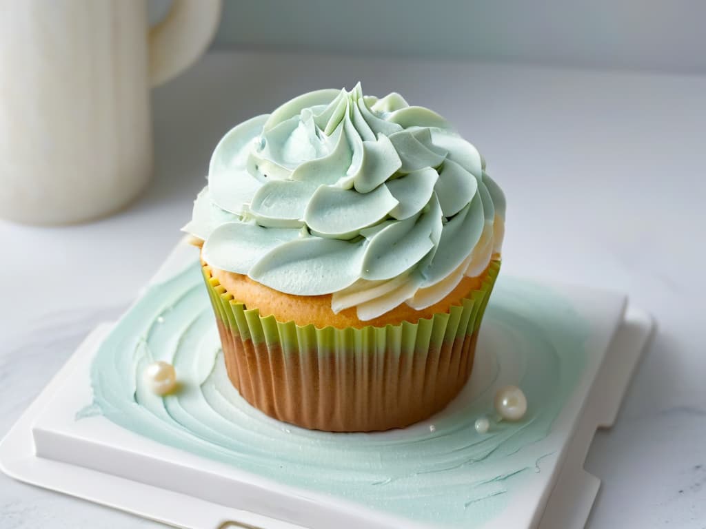  A closeup, ultradetailed image of a perfectly frosted cupcake with delicate swirls of pastelcolored buttercream on top. The cupcake sits on a pristine white marble countertop, with tiny, shimmering sugar pearls scattered around it. The lighting is soft and elegant, highlighting the intricate details of the frosting and creating a serene, minimalist composition that exudes sophistication and precision. hyperrealistic, full body, detailed clothing, highly detailed, cinematic lighting, stunningly beautiful, intricate, sharp focus, f/1. 8, 85mm, (centered image composition), (professionally color graded), ((bright soft diffused light)), volumetric fog, trending on instagram, trending on tumblr, HDR 4K, 8K