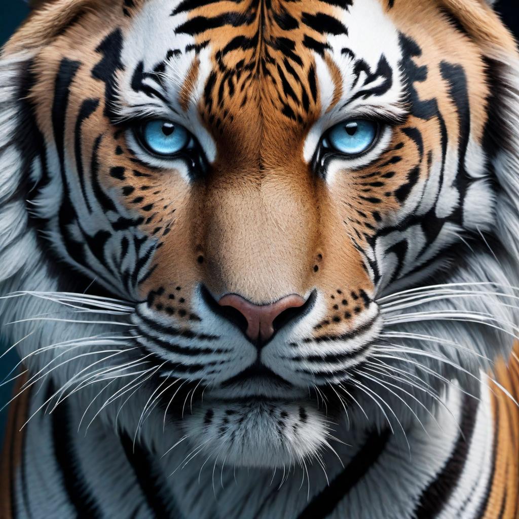  A surreal and artistic blend of a man's face and a tiger's face, where human features, like the nose and mouth, are subtly integrated into the tiger's visage. The eyes of the tiger should be striking ice blue, maintaining a fierce yet mystical gaze. The overall expression should convey strength and wisdom, and the background should be simple to highlight the unique blend of the two faces. hyperrealistic, full body, detailed clothing, highly detailed, cinematic lighting, stunningly beautiful, intricate, sharp focus, f/1. 8, 85mm, (centered image composition), (professionally color graded), ((bright soft diffused light)), volumetric fog, trending on instagram, trending on tumblr, HDR 4K, 8K