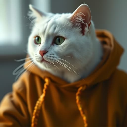  a white cat hyperrealistic, full body, detailed clothing, highly detailed, cinematic lighting, stunningly beautiful, intricate, sharp focus, f/1. 8, 85mm, (centered image composition), (professionally color graded), ((bright soft diffused light)), volumetric fog, trending on instagram, trending on tumblr, HDR 4K, 8K