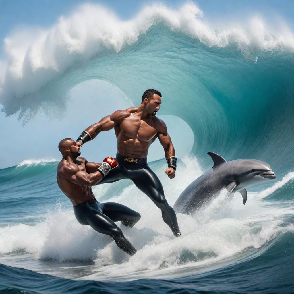  Two fighters battling in the ocean with 2.0m high waves. Surrounding them are various sea creatures watching and cheering them on. The scene should be dynamic and vibrant with the ocean waves crashing and the sea creatures, such as fish, dolphins, and sea turtles, looking excited and animated. hyperrealistic, full body, detailed clothing, highly detailed, cinematic lighting, stunningly beautiful, intricate, sharp focus, f/1. 8, 85mm, (centered image composition), (professionally color graded), ((bright soft diffused light)), volumetric fog, trending on instagram, trending on tumblr, HDR 4K, 8K