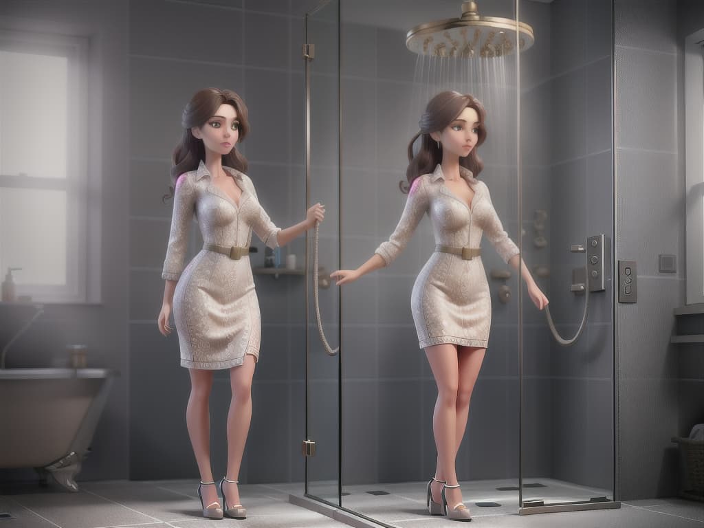  Woman in shower hyperrealistic, full body, detailed clothing, highly detailed, cinematic lighting, stunningly beautiful, intricate, sharp focus, f/1. 8, 85mm, (centered image composition), (professionally color graded), ((bright soft diffused light)), volumetric fog, trending on instagram, trending on tumblr, HDR 4K, 8K