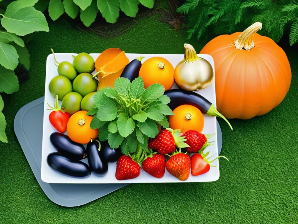  An ultradetailed image of a vibrant garden overflowing with colorful fruits and vegetables, showcasing ripe red strawberries, plump orange pumpkins, shiny purple eggplants, and bright green zucchinis among lush green foliage. The sun is casting a warm golden glow over the scene, highlighting the freshness and abundance of locally sourced ingredients that can elevate traditional pastry recipes. hyperrealistic, full body, detailed clothing, highly detailed, cinematic lighting, stunningly beautiful, intricate, sharp focus, f/1. 8, 85mm, (centered image composition), (professionally color graded), ((bright soft diffused light)), volumetric fog, trending on instagram, trending on tumblr, HDR 4K, 8K