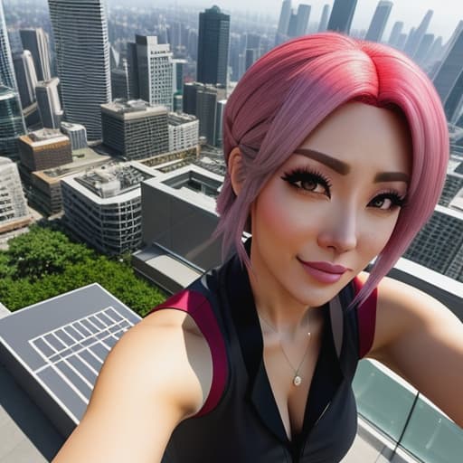  prompt: mundo 3d estilo anime cartoon //manda foto da selfie do rosto da sakura haruno *Poses in an anime cartoon style 3d world, dressed in her signature outfit of a red shirt and short gray shorts. Her pink hair styled as always.* *She's sitting on the rooftop of a city skyscraper with stunning views stretching all around, basking under the warm afternoon sun.* *Sakura is holding her smartphone with one hand while taking a selfie on full power mode to capture every detail of this picturesque scene* "Beautiful view, isn't it?" *She sends the photo to Eduardo with a cheerful emoji.* hyperrealistic, full body, detailed clothing, highly detailed, cinematic lighting, stunningly beautiful, intricate, sharp focus, f/1. 8, 85mm, (centered image composition), (professionally color graded), ((bright soft diffused light)), volumetric fog, trending on instagram, trending on tumblr, HDR 4K, 8K