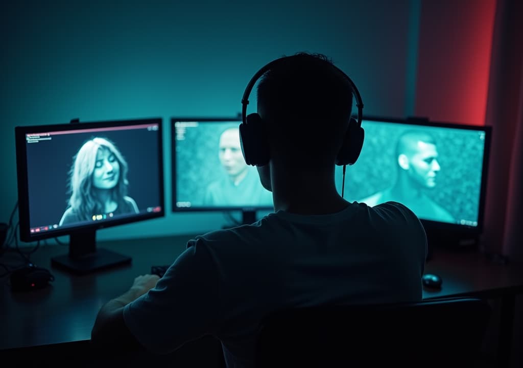  good quality, high quality, a man from his back, smoking and looking at some monitors of his pc, watching people's webcams and other cams, in a very dark room, dystopic colors blurry