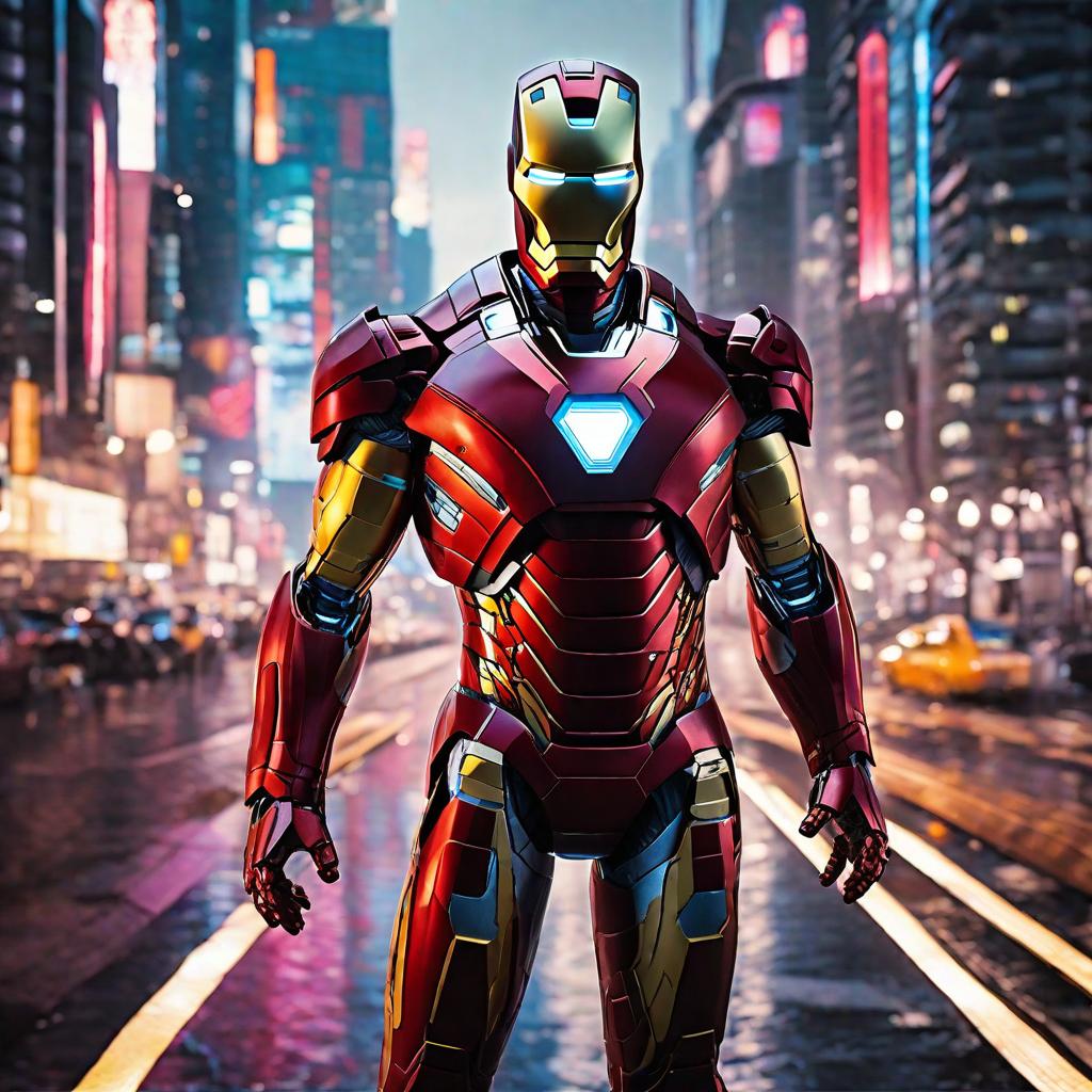  masterpiece, best quality, Best quality, masterpiece, 8k resolution, realistic, highly detailed, close up of Iron Man. In a cyberpunk-style night scene of the city, he stands on a street lined with tall buildings. The city's night lights are bright, The surrounding buildings and streets are filled with cyberpunk elements such as neon lights, high-tech devices, and futuristic architectural designs.