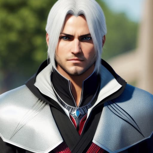  silver eyes, silver hair, black assassin's Creed garb, male