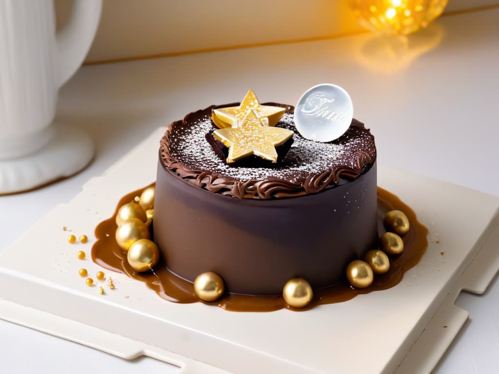  A closeup, highresolution image of a decadent chocolate dessert topped with edible gold and silver flakes, glistening under a soft ambient light. The dessert is elegantly presented on a sleek, modern plate, with the metallic flakes delicately arranged to create a luxurious and sophisticated look. The textures of the chocolate, gold, and silver are so vivid that viewers can almost taste the richness of the dessert just by looking at the image. hyperrealistic, full body, detailed clothing, highly detailed, cinematic lighting, stunningly beautiful, intricate, sharp focus, f/1. 8, 85mm, (centered image composition), (professionally color graded), ((bright soft diffused light)), volumetric fog, trending on instagram, trending on tumblr, HDR 4K, 8K