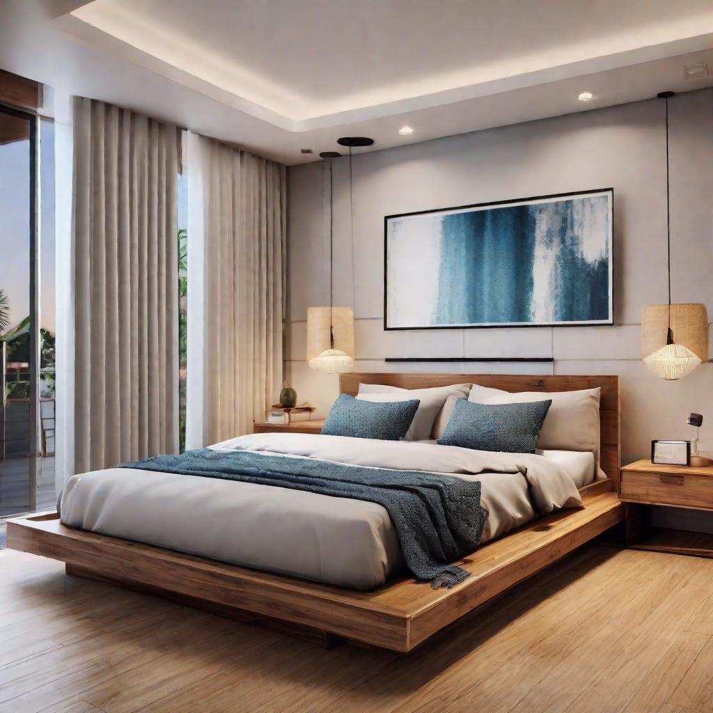   Envision a serene bedroom with a platform bed, bamboo flooring, and soft lighting, evoking tranquility and simplicity. 8k, cinematic lighting, HDR