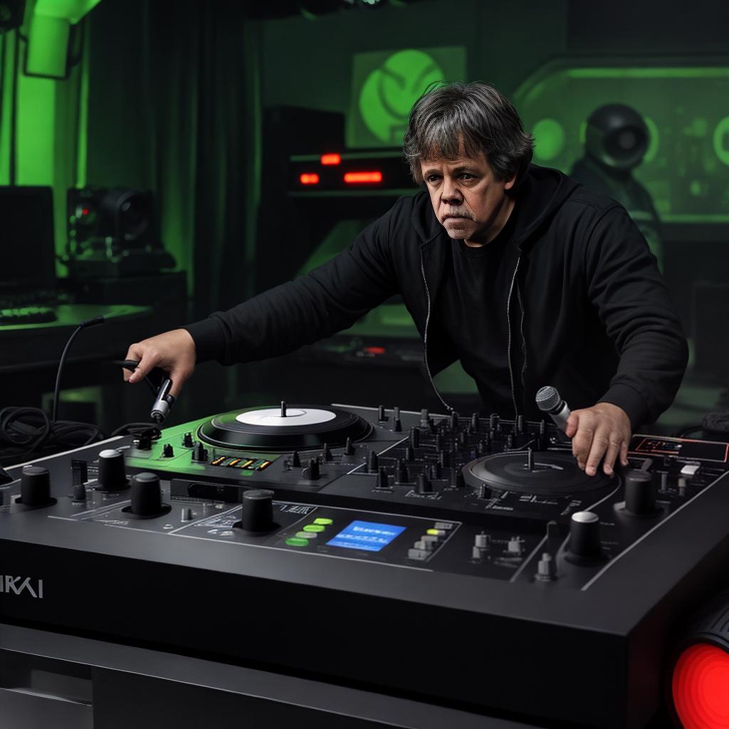  masterpiece, best quality, luke skywalker djing on set of turntables with the planet endor in back round, ultra 4k resolution.