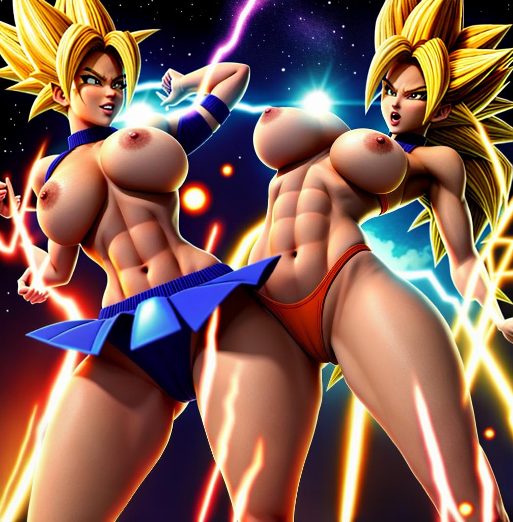  ((foto de cuerpo completo, pie plano, cuerpo recto)), ((laura {Super Super Saiyan mujer con grandes pechos})), ((lleva puesto son goku+Los disfraces de ella son extremadamente ajustados a su cuerpo.))