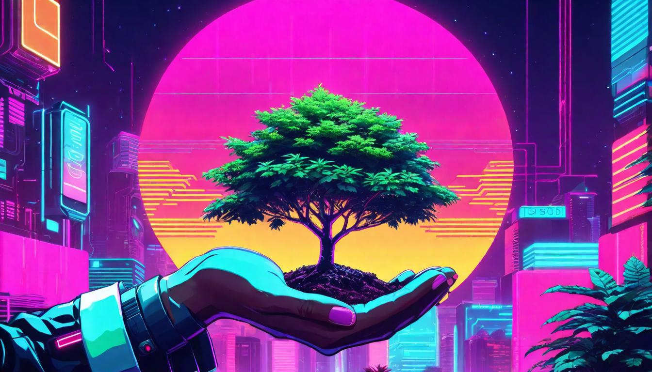  vaporwave,cyberpunk game style A hand planting a young tree, symbolizing caring for one's nervous system and fostering growth, nurturing, hopefuleon, dystopian, futuristic, digital, vibrant, detailed, high contrast, reminiscent of cyberpunk genre video games,retro aesthetic, cyberpunk, vibrant, neon colors, vintage 80s and 90s style, highly detailed