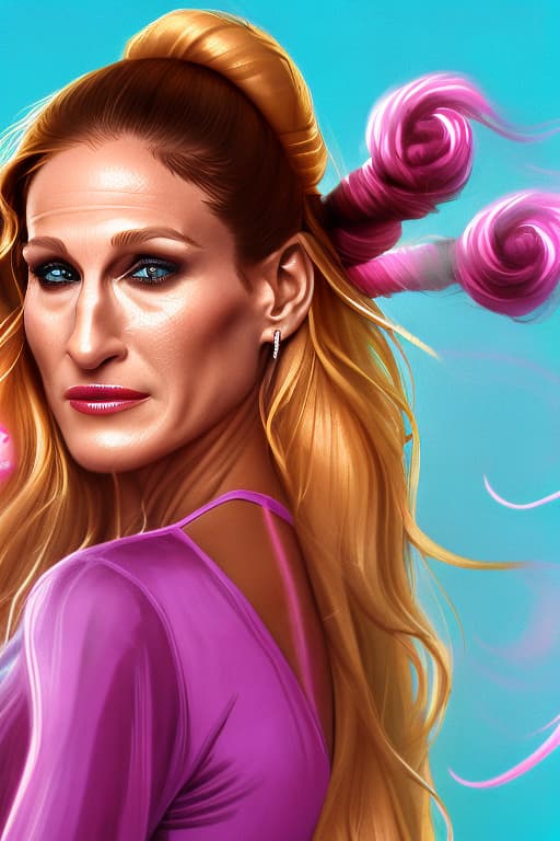 portrait+ style Sarah Jessica Parker as Hera, Tall, slender, hot pink skin, magenta lips, wavy golden blonde hair, magenta eyelids, blue eyes, pink aura, Greek Diadem crown and Greek goddess, Mount Olympus, Hera has long blond hair, pinkish skin, and a narrow face. Disney