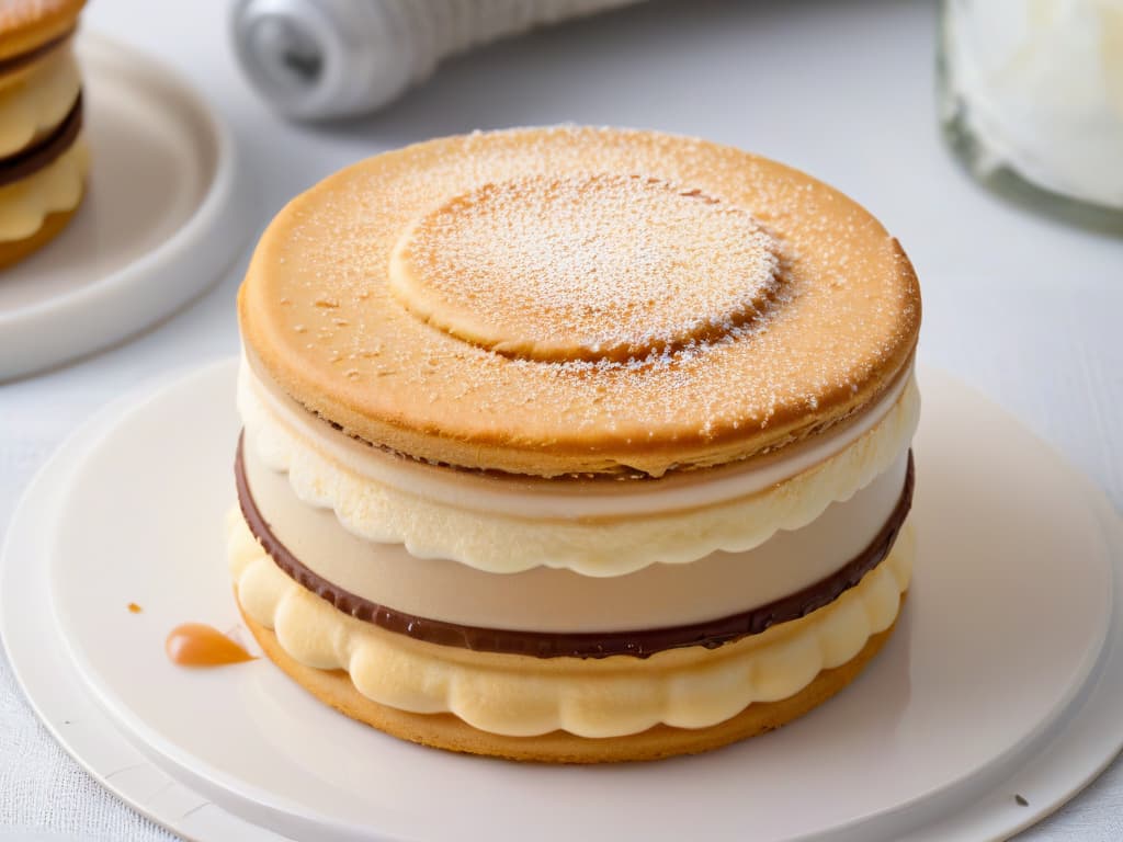  A closeup, ultradetailed image of a perfectly layered Alfajor cookie filled with rich dulce de leche, dusted with a delicate sprinkle of powdered sugar on top, resting on a pristine white plate. The cookie is golden brown, with visible layers of flaky dough sandwiching a generous dollop of creamy dulce de leche oozing out slightly from the sides, showcasing a glossy finish that glistens under a soft, natural light source. hyperrealistic, full body, detailed clothing, highly detailed, cinematic lighting, stunningly beautiful, intricate, sharp focus, f/1. 8, 85mm, (centered image composition), (professionally color graded), ((bright soft diffused light)), volumetric fog, trending on instagram, trending on tumblr, HDR 4K, 8K