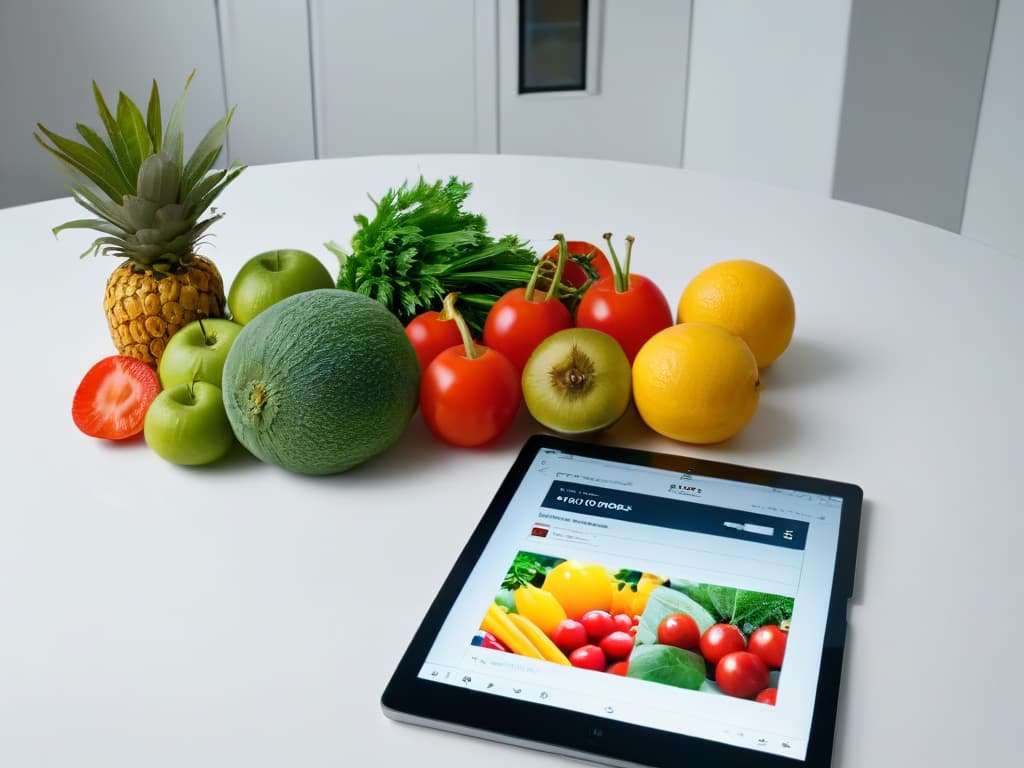  A highresolution, ultradetailed image of a sleek and modern kitchen countertop with neatly arranged rows of vibrant, fresh fruits and vegetables, a stack of colorful recipe books, and a digital tablet displaying a fitness app interface with a variety of healthy recipes. The image showcases a perfect balance of technology and natural ingredients, embodying the essence of creating fit and nutritious meals in a minimalist and visually appealing manner. hyperrealistic, full body, detailed clothing, highly detailed, cinematic lighting, stunningly beautiful, intricate, sharp focus, f/1. 8, 85mm, (centered image composition), (professionally color graded), ((bright soft diffused light)), volumetric fog, trending on instagram, trending on tumblr, HDR 4K, 8K