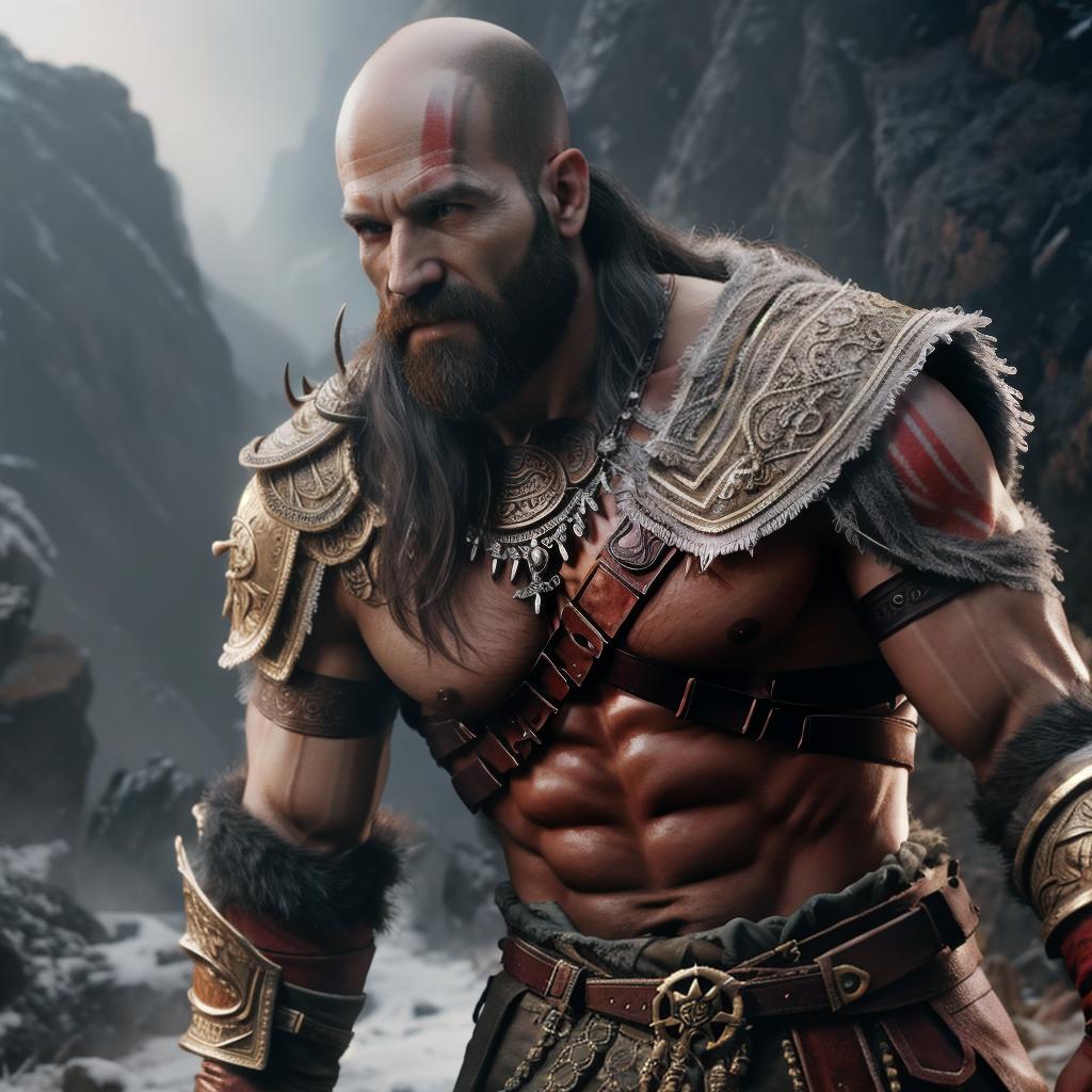  God of war hyperrealistic, full body, detailed clothing, highly detailed, cinematic lighting, stunningly beautiful, intricate, sharp focus, f/1. 8, 85mm, (centered image composition), (professionally color graded), ((bright soft diffused light)), volumetric fog, trending on instagram, trending on tumblr, HDR 4K, 8K