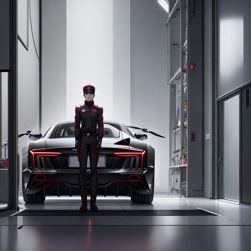  ((Masterpiece)), (((best quality))), 8k, high detailed, ultra-detailed. A cartoon boy standing next to an AUDI R8 in a futuristic garage. The boy wearing a red baseball cap and holding a toolbox, ((reflective glass walls)) surrounding the garage, a ((hovering drone)) capturing the scene, (LED lights) illuminating the car and garage, futuristic touchscreens displaying car diagnostics and blueprints on the walls. hyperrealistic, full body, detailed clothing, highly detailed, cinematic lighting, stunningly beautiful, intricate, sharp focus, f/1. 8, 85mm, (centered image composition), (professionally color graded), ((bright soft diffused light)), volumetric fog, trending on instagram, trending on tumblr, HDR 4K, 8K
