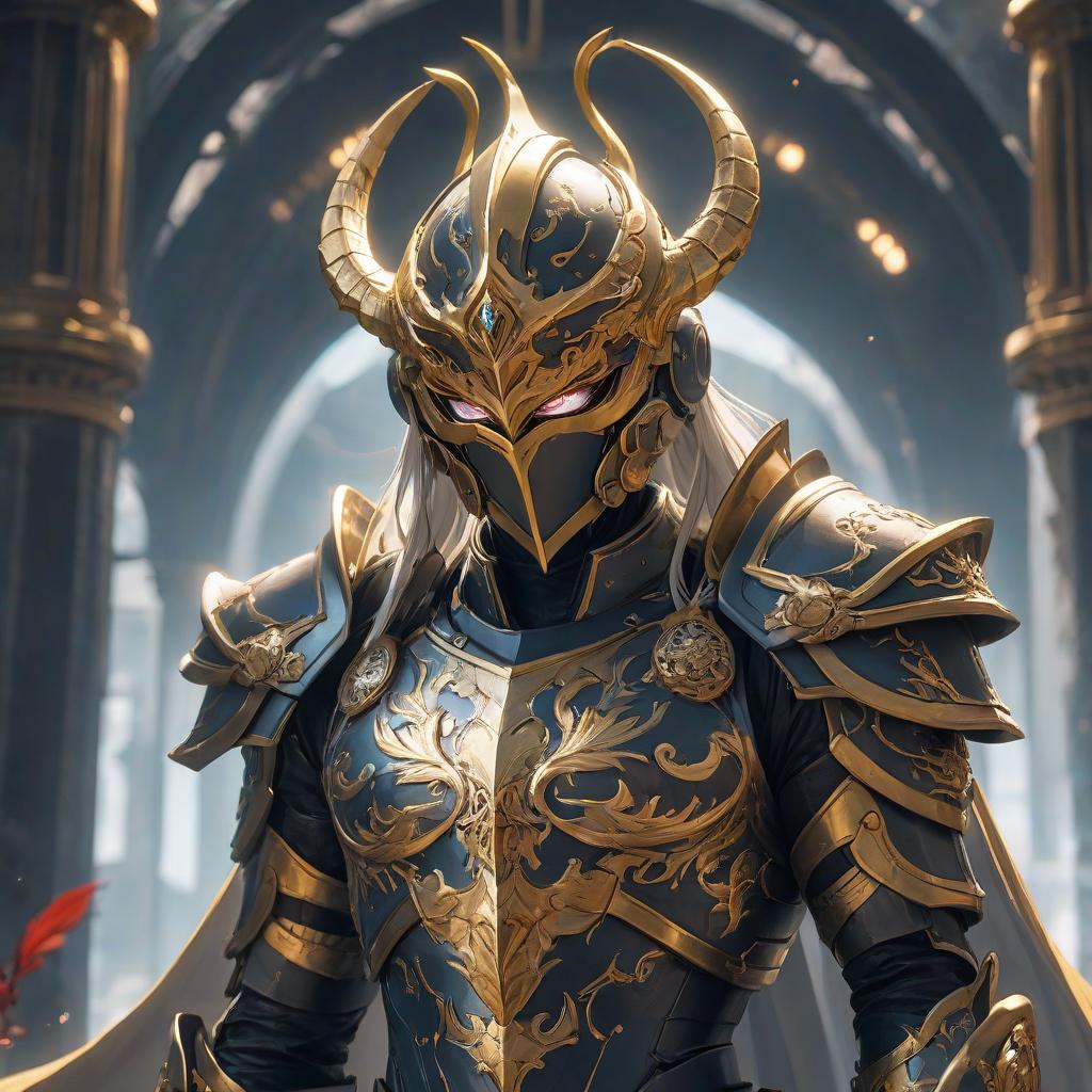  anime artwork A master of war in bulky armor of future bureaucratic color with gold and hydra ornaments, a full sized helmet with a spear having two tips. . anime style, key visual, vibrant, studio anime, highly detailed hyperrealistic, full body, detailed clothing, highly detailed, cinematic lighting, stunningly beautiful, intricate, sharp focus, f/1. 8, 85mm, (centered image composition), (professionally color graded), ((bright soft diffused light)), volumetric fog, trending on instagram, trending on tumblr, HDR 4K, 8K