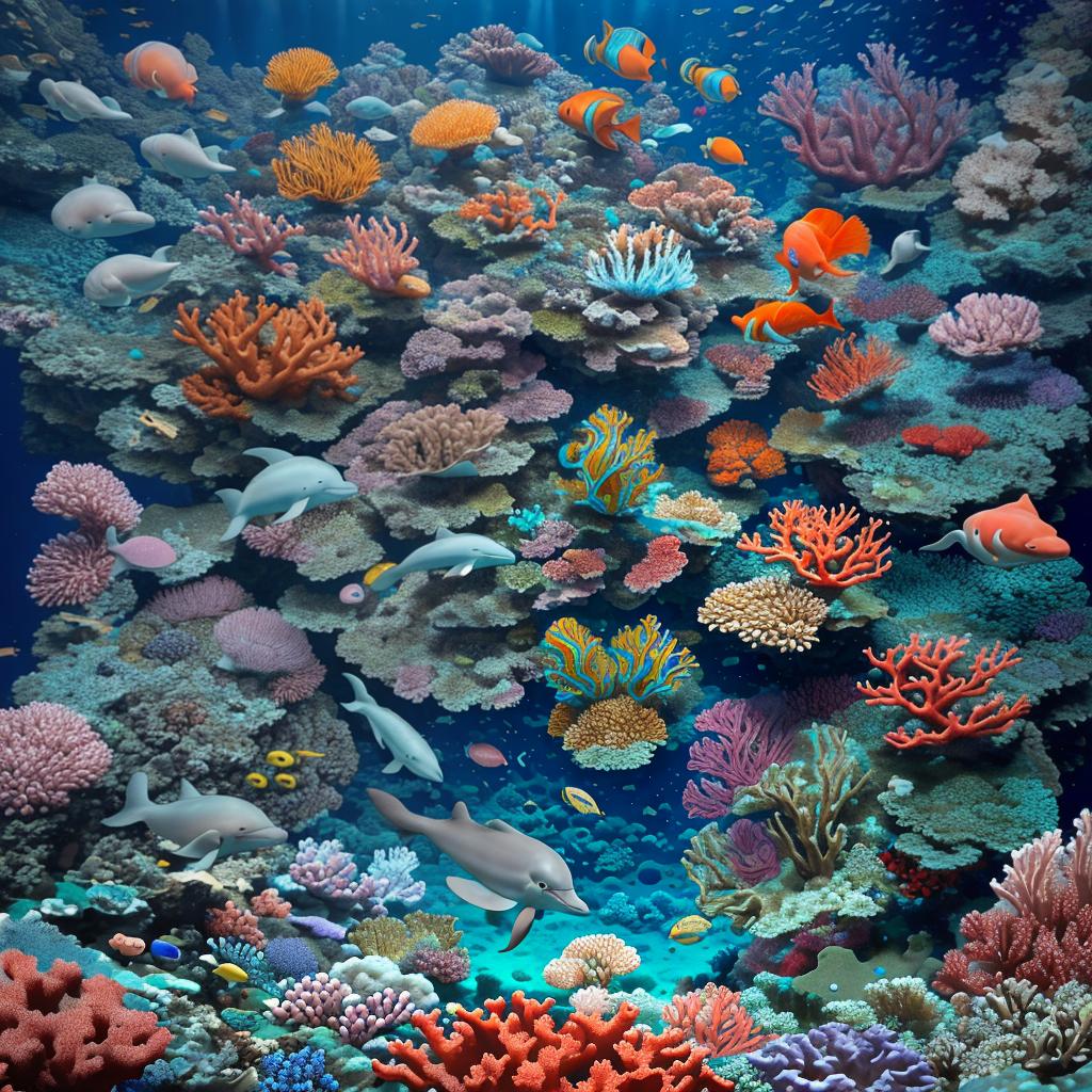  masterpiece, best quality, beautiful deep sea full of corals, diverse marine life and fascinating underwater landscapes with corals, appendages, small fish, anemones, dolphins, various algae, caves, colorful, 8k resolution and intricate detail