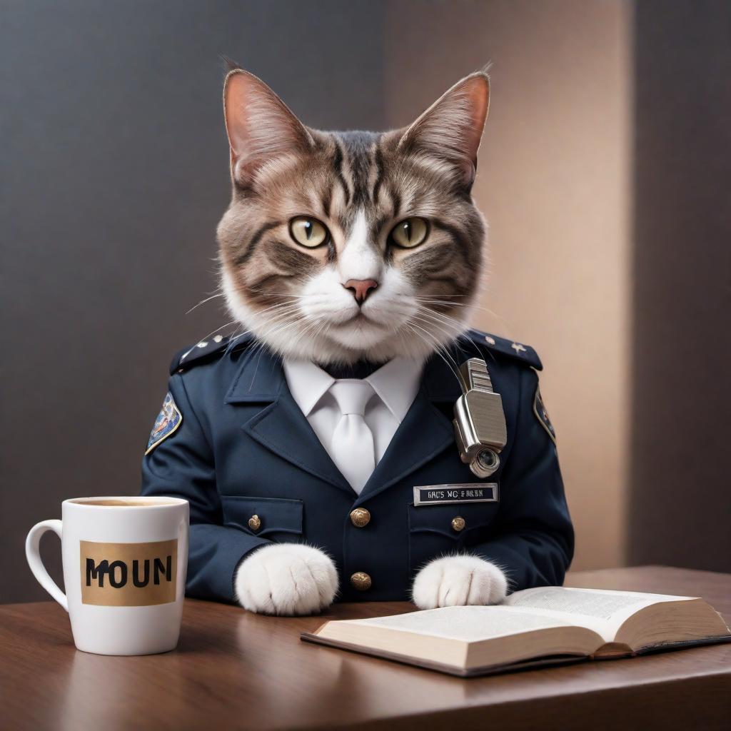  A funny meme shows a cat with a very human-like appearance, dressed in a police uniform, sitting at a table. The cat is holding a handgun and a coffee mug. At the top, there is a caption that says 'I HAVEN'T HAD MY COFFEE YET' and at the bottom, it says 'DON'T PURRR-SUE ME'. The meme humorously combines the phrase 'don't pursue me' with 'purr-sue,' referencing the sound that cats make. hyperrealistic, full body, detailed clothing, highly detailed, cinematic lighting, stunningly beautiful, intricate, sharp focus, f/1. 8, 85mm, (centered image composition), (professionally color graded), ((bright soft diffused light)), volumetric fog, trending on instagram, trending on tumblr, HDR 4K, 8K