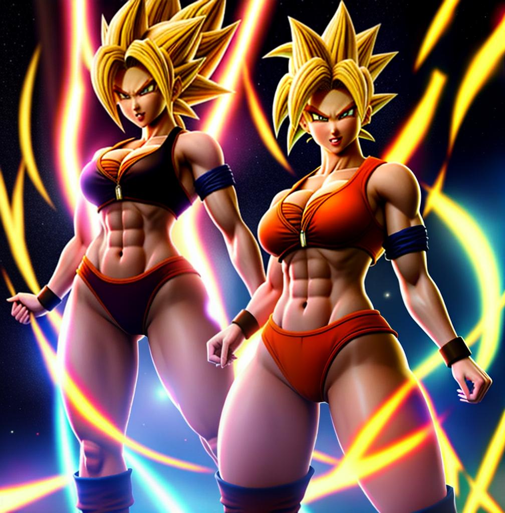  ((foto de cuerpo completo, pie plano, cuerpo recto)), ((laura {Super Super Saiyan mujer con grandes pechos})), ((lleva puesto son goku+Los disfraces de ella son extremadamente ajustados a su cuerpo.))