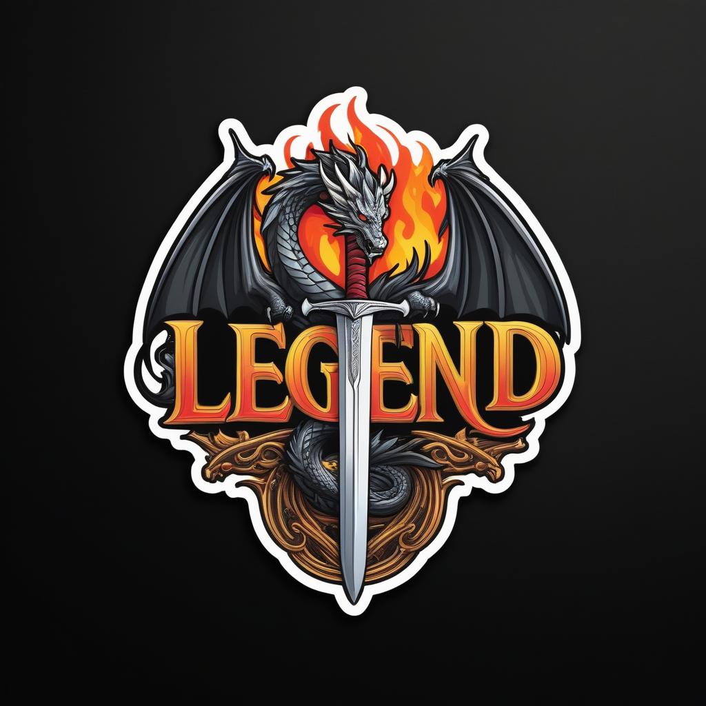  Custom sticker design on an isolated black background with the words “Legend” in bold font decorated by mythical dragons and a flaming sword