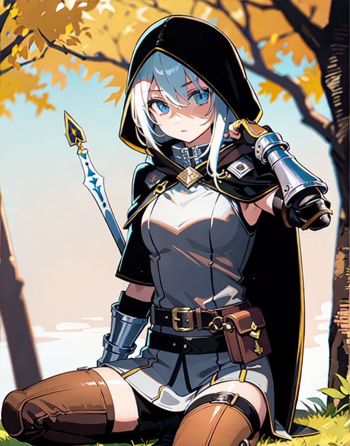  master piece , best quality,Leather armor, hooded cape, hooded cloak, boots, pants, tunic, pouch, belt, gloves, gauntlets, bow, arrows, dagger, nature lover, calm and collected, high shooting accuracy, concentration, girl