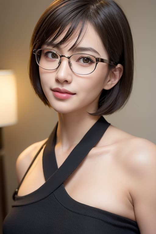  Library Smile attractive Chest Beautiful Eye Beautiful Skin Welington Glasses Short Hair, (Masterpiece, BestQuality:1.3), (ultra detailed:1.2), (hyperrealistic:1.3), (RAW photo:1.2),High detail RAW color photo, professional photograph, (Photorealistic:1.4), (realistic:1.4), ,professional lighting, (japanese), beautiful face, (realistic face)